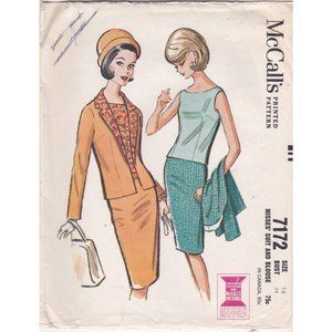 Vintage Sewing PATTERN McCalls 7172, Misses 1963 Suit and Blouse, Size 14